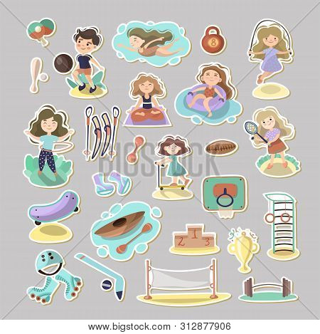 Kids Doing Sport Games, Vector Cartoon Illustration. Playing, Jumping, Swimming Boys And Girls With 