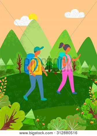 Man And Woman Carrying Backpacks Vector, Couple Traveling Together Walking In Forest With Mountains 