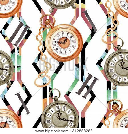 Vintage Old Clock Pocket Watch. Watercolor Background Illustration Set. Seamless Background Pattern.