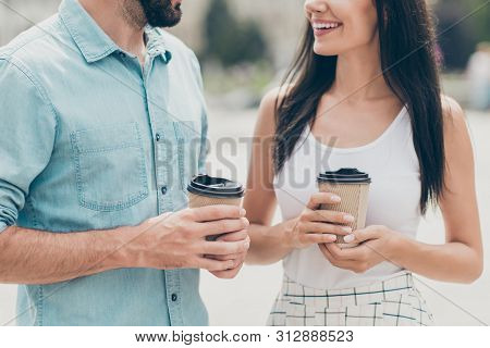Cropped View Photo Excited Cute Spouse Fellow Fellowship Hold Hand Mug Beverage Takeout Weekend Free
