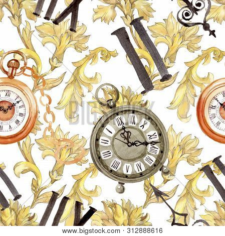 Vintage Old Clock Pocket Watch. Watercolor Background Illustration Set. Seamless Background Pattern.