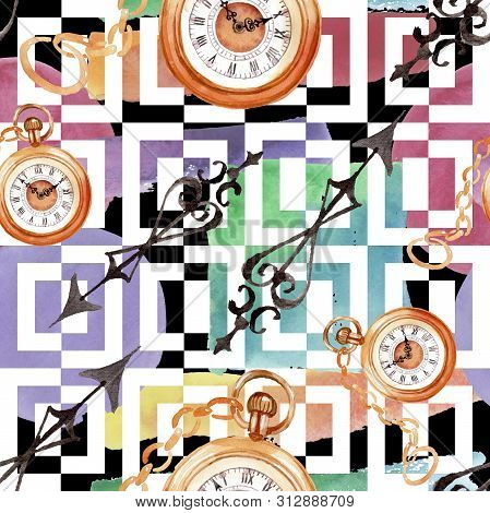 Vintage Old Clock Pocket Watch. Watercolor Background Illustration Set. Seamless Background Pattern.