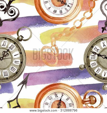 Vintage Old Clock Pocket Watch. Watercolor Background Illustration Set. Seamless Background Pattern.