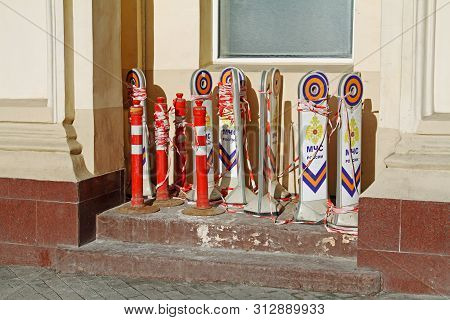 Russia, Moscow - February 19, 2019: Metal And Plastic Street Limiters (translated From The Russian 