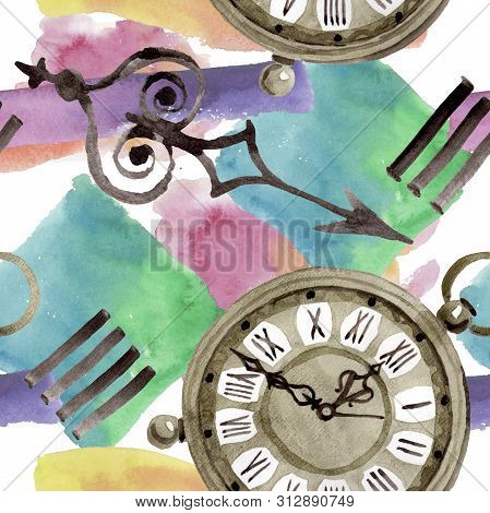 Vintage Old Clock Pocket Watch. Watercolor Background Illustration Set. Seamless Background Pattern.