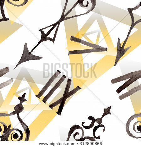 Vintage Old Clock Pocket Watch. Watercolor Background Illustration Set. Seamless Background Pattern.