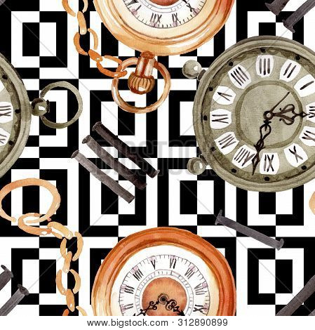 Vintage Old Clock Pocket Watch. Watercolor Background Illustration Set. Seamless Background Pattern.