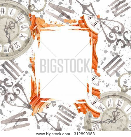 Vintage Old Clock Pocket Watch. Watercolor Background Illustration Set. Frame Border Ornament Square