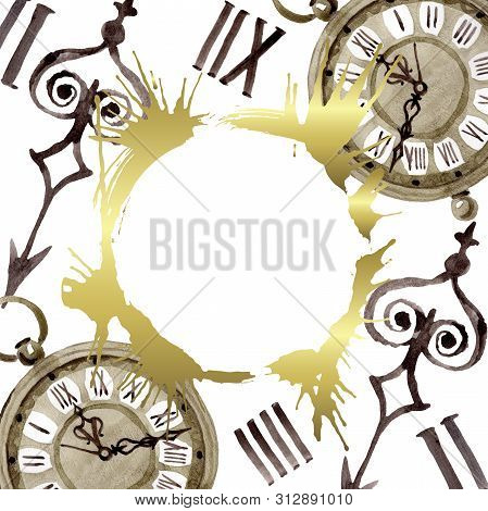 Vintage Old Clock Pocket Watch. Watercolor Background Illustration Set. Frame Border Ornament Square