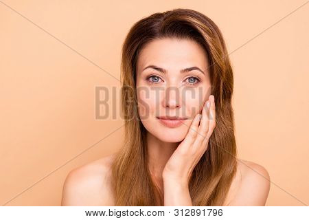 Close Up Photo Beautiful Amazing Mature Cute She Her Lady Hold Hands Arms Cheek Cheekbone Show Touch