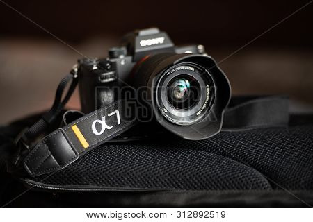 Chelyabinsk Region, Russia - July 2019. Logo On The Sony A7 Strap