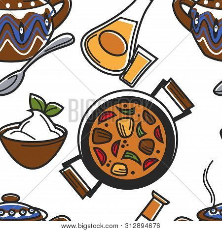 Bulgarian Food And Drink Seamless Pattern Guvech And Rakia