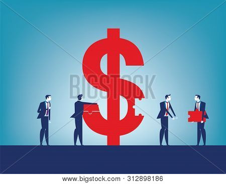 Colleagues Investment Success. Business Team Collecting Dollar Sign With Pieces. Concept Business Ve