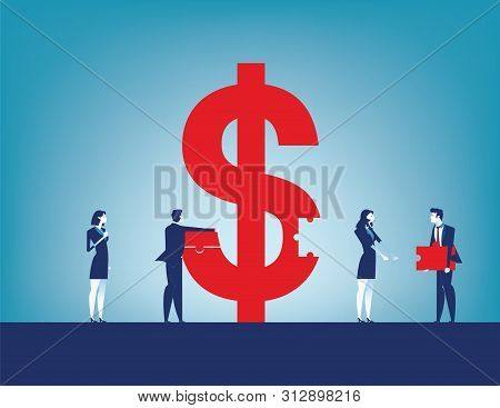 Colleagues Investment Success. Business Team Collecting Dollar Sign With Pieces. Concept Business Ve
