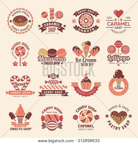 Candy Shop Badges. Sweets Cookie Cupcakes Lollipop Symbol For Confectionary Vector Logos Collection.