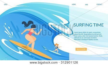 Surfing Time Horizontal Banner, Women In Swimwear Riding Surf Boards By Huge Ocean Waves. Sportswome