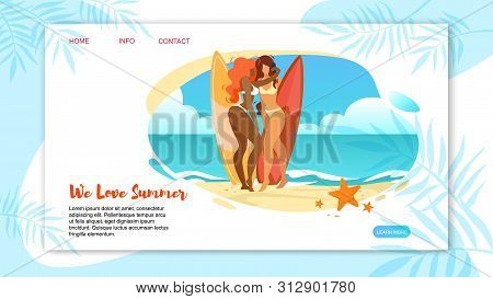 We Love Summer Horizontal Banner With Sexy Girls In Bikini Posing And Making Selfie With Surfer Boar
