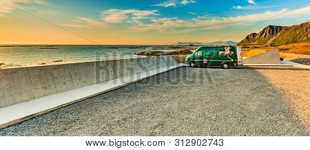 Camper Car On Rest Stop Location. Andoya Island Seascape, Rocky Coastline From Bukkekjerka Viewing P