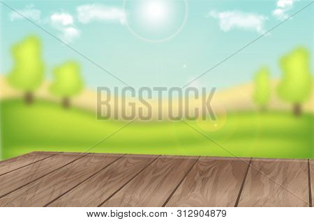 Green Field Background Layout Vector Realistic. Wooden Table On Green View For Product Placement Moc
