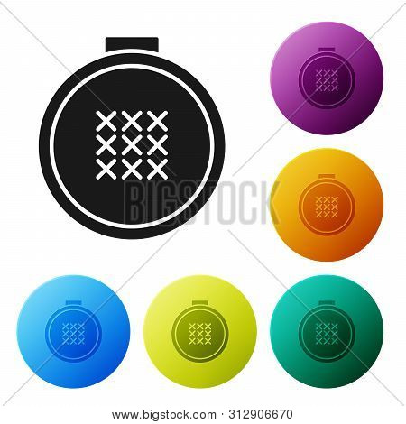 Black Round Adjustable Embroidery Hoop Icon Isolated On White Background. Thread And Needle For Embr