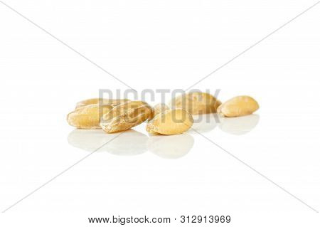 Group Of Five Whole Fresh Beige Dinkel Wheat Grain Macro Isolated On White Background