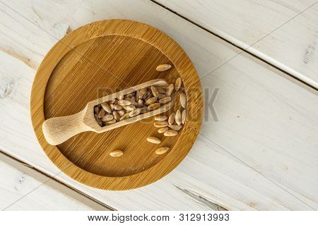 Lot Of Whole Fresh Beige Dinkel Wheat Grain With Wooden Scoop On Bamboo Plate Flatlay On White Wood