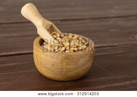 Lot Of Whole Fresh Beige Dinkel Wheat Grain In A Wooden Bowl With Wooden Scoop On Brown Wood