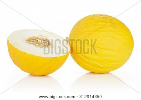 Group Of One Whole One Half Of Fresh Yellow Melon Canary Isolated On White Background