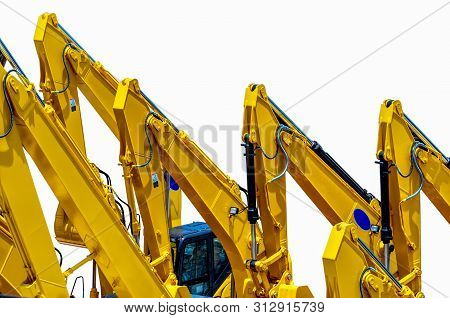 Yellow Backhoe With Hydraulic Piston Arm Isolated On White. Heavy Machine For Excavation In Construc