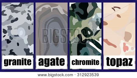 Set Of Square Brochures With The Image Of The Surface Of The Four Minerals. Rectangle Template Broch