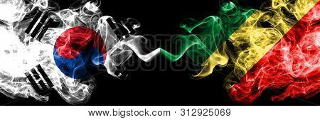 South Korea Vs Congo, Congolese Smoky Mystic Flags Placed Side By Side. Thick Colored Silky Abstract