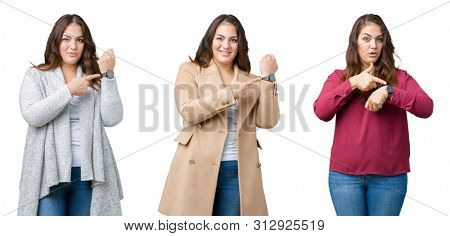 Collage of beautiful plus size woman over isolated background In hurry pointing to watch time, impatience, upset and angry for deadline delay