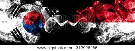 South Korea Vs Monaco, Monacan Smoky Mystic Flags Placed Side By Side. Thick Colored Silky Abstract 