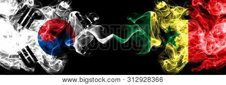 South Korea Vs Senegal, Senegalese Smoky Mystic Flags Placed Side By Side. Thick Colored Silky Abstr