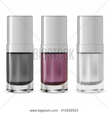 Nail Polish Bottle. Serum Container. Vector Packaging Design. Nailpolish Package Mockup Set. Realist