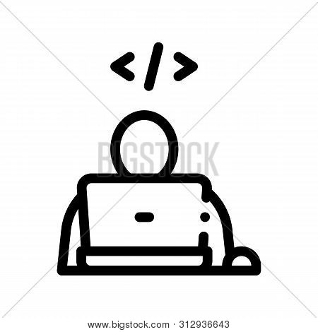 Programmer Coding Laptop Vector Thin Line Icon. Write Coding System, Data Encryption Linear Pictogra