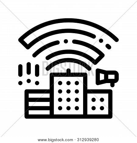 Building With Radiowaves Thin Line Icon. Industrial Environmental Pollution, Chemical, Radiological 