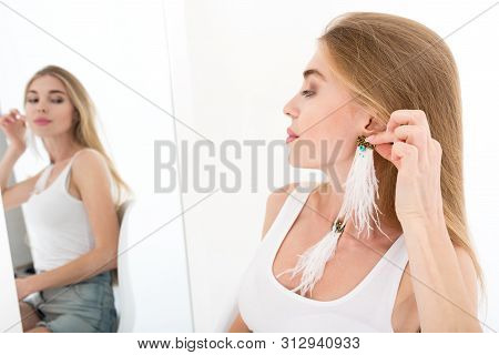 Woman During Sitting Near Mirrow On White Background