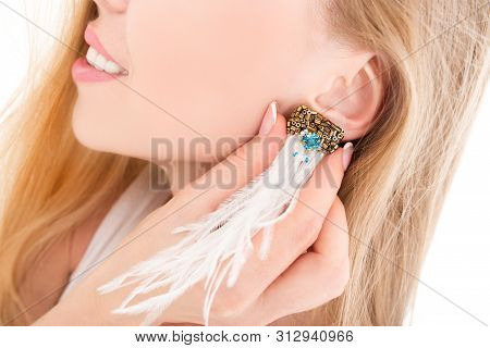 Woman During Sitting Near Mirrow On White Background