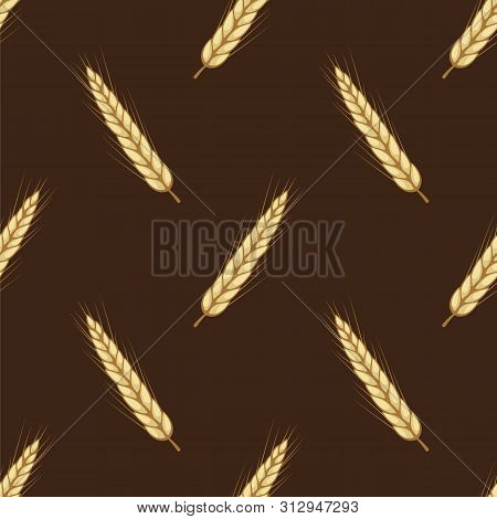 Vector Seamless Pattern With Ears Of Wheat On Dark Brown Background. Whole Grain, Organic, For Baker