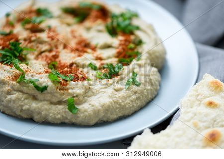 Eggplant Dip Baba Ganoush (mutabbal) With Herbs And Paprika On Gray Wooden Background. Selective Foc