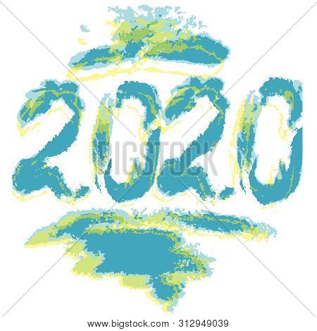 2020 Illustration For New Year Holiday Design. Hand-drawn Numbers And Abstract Brush Strokes