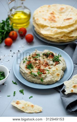 Eggplant Dip Baba Ganoush (mutabbal) With Herbs And Paprika On Gray Wooden Background. Selective Foc