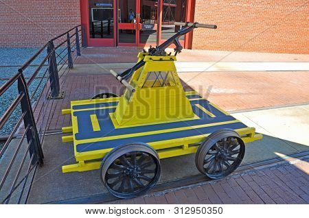 Handcar, also known as a pump trolley, pump car, in Steamtown National Historic Site in Scranton, Pennsylvania, USA.