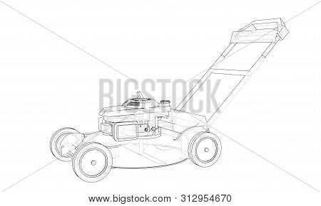 Outline Lawn Mower Vector. Wire-frame Style. The Layers Of Visible And Invisible Lines. 3d Illustrat