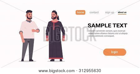 Arabic Men Discussing Arab Couple Wearing Traditional Clothes Standing Together Arabian Male Cartoon