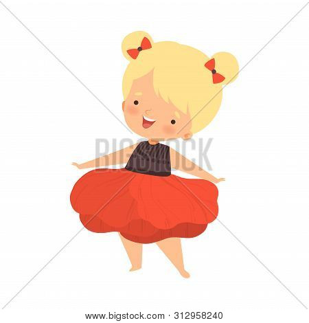 Pretty Blonde Little Girl Wearing Red Pion Flower Costume, Cute Adorable Kid In Carnival Clothes Vec