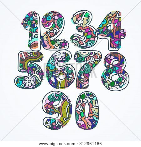 Set Of Patterned Hand Drawn Numbers. Funny Doodle Contour Math Signs. Vector Freehand Design Element