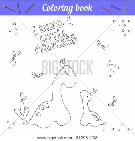 Coloring Book Dino Princess Poster. Cartoon Outline Draw. Educational Game For Children. Two Dinosau