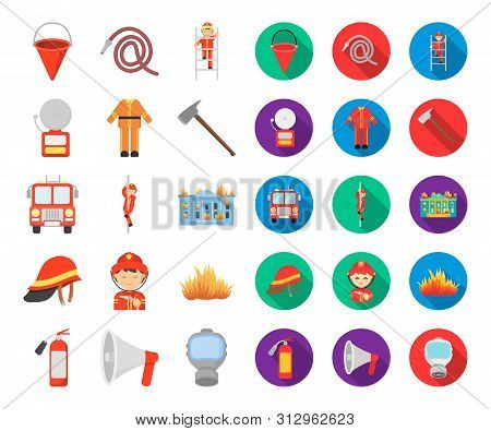 Fire Department Cartoon, Flat Icons In Set Collection For Design. Firefighters And Equipment Bitmap 